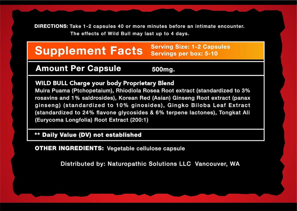 WILD BULL (10 Capsules) ~ Today's Most Powerful All Natural Energy, Endurance, Stamina & Strength Amplifier - Formulated for Maximum, Long Lasting Results