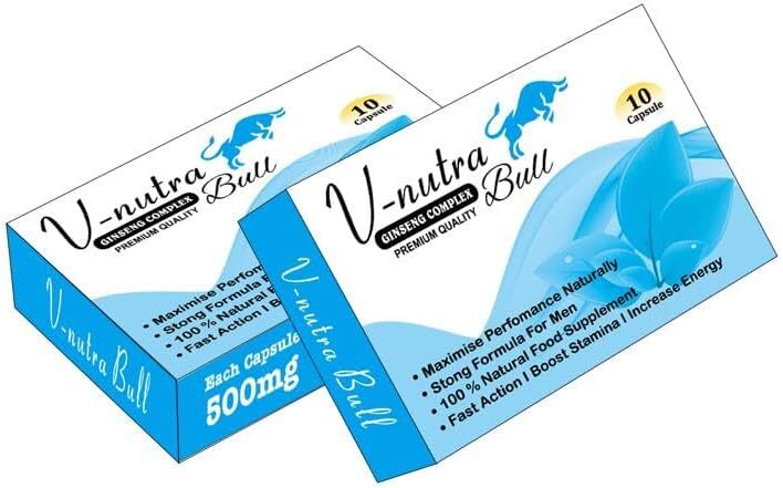 New! Super Extra-Strong V-NUTRABULL Blue - Ginseng and Herbal Food Supplement for Men. The Most Effective Natural, Powerful and Fast Acting Food Supplement for Men! - (Pack of 10 Capsules)