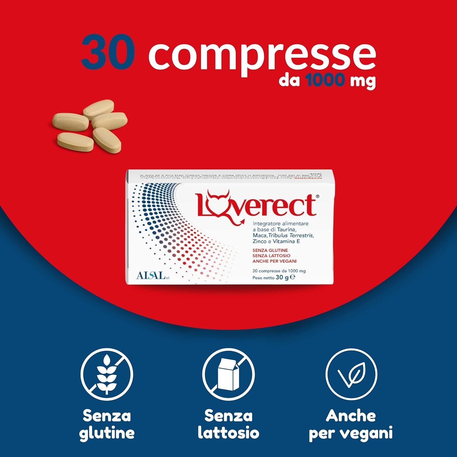 LOVERECT | Men's supplement, strong effect, with taurine, maca, tribulus, zinc and vitamin E, natural gluten and lactose-free.