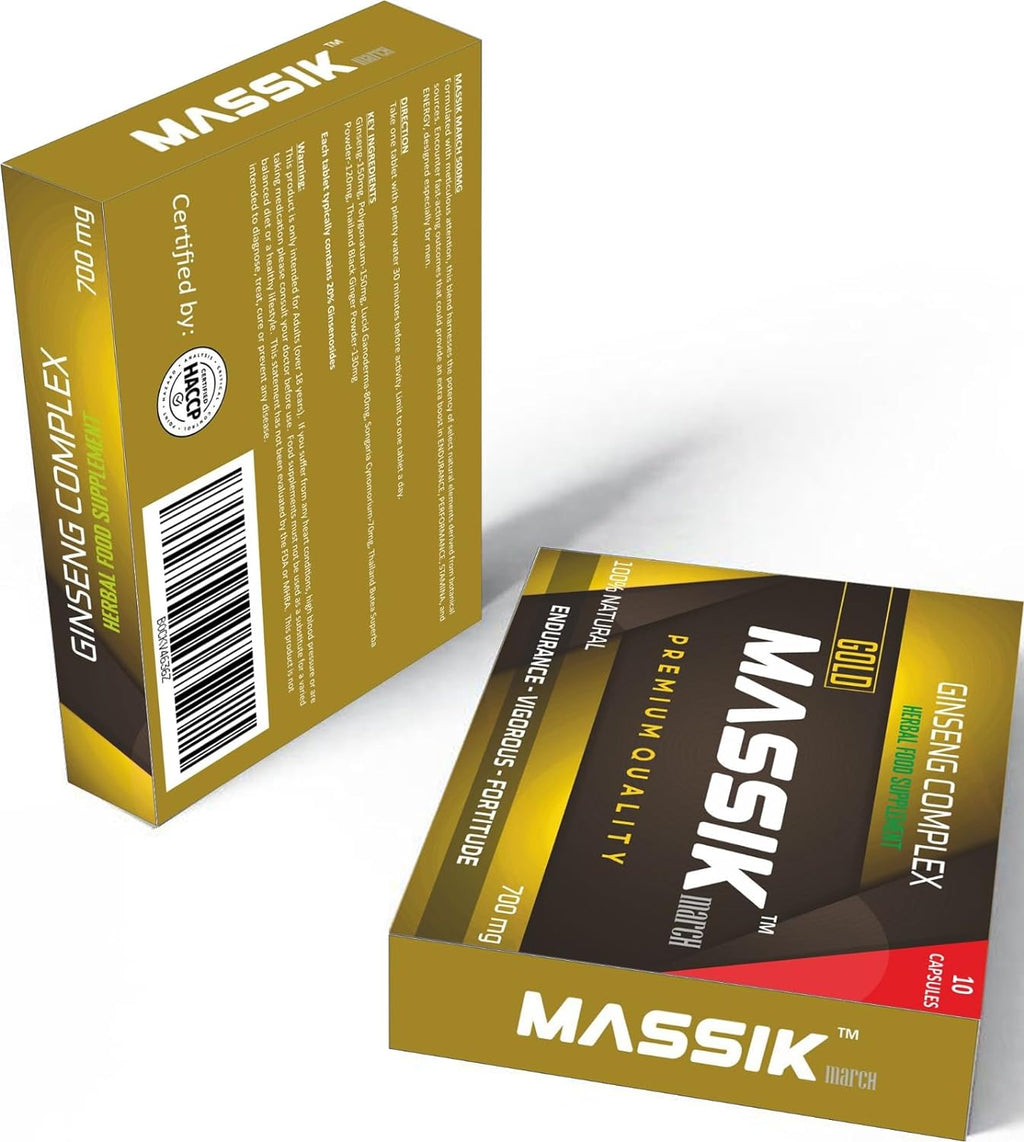 MASSIK MARCH™ - Herbal Supplement for Men, Extra Strength Performance Enhancing Pills, Stamina Endurance Booster, Gold Supplement Pills for Men - 10 Ginseng Capsules