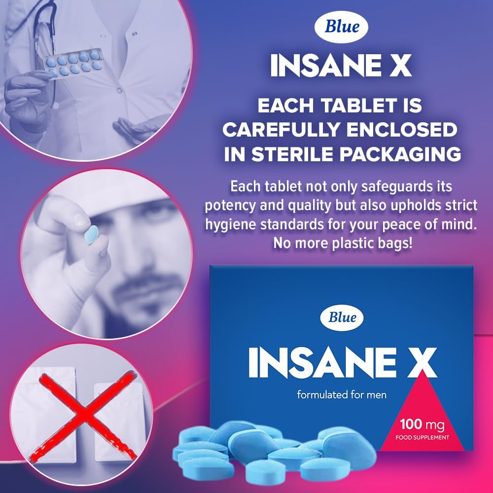 INSANE X 20 Blue Pills for Men 100mg Stronger & Harder Fast-Acting Enhanced Strength Supplements Tablets - Prolonged High Performance - Energy & Male Enhancing - Herbal & Food Supplement UK