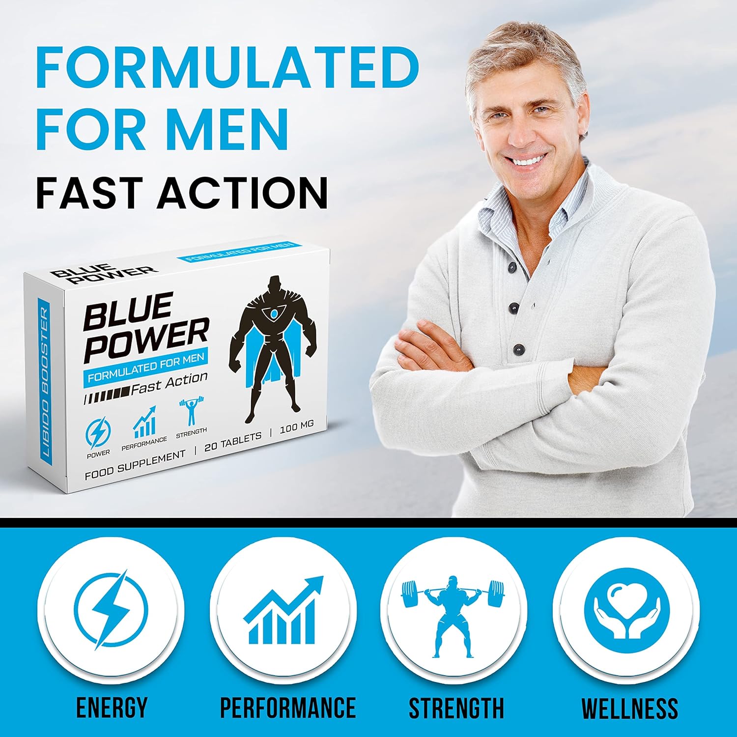 Blue Power 30 Pills 100mg - Stronger & Harder Enhanced Strength & Firmness for Men - Designed to Boost High Stamina, Performance & Prolonged Results - Natural Male Enhancing Food & Herbal Supplement