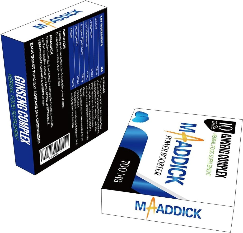MAADDICK-10 Blue Tablets. Extra Strong. Herbal Ingredients. Natural Energy. with SHILAJIT and ASHWAGANDHA. No Unwanted Ingredients. (Ginseng Tablets)