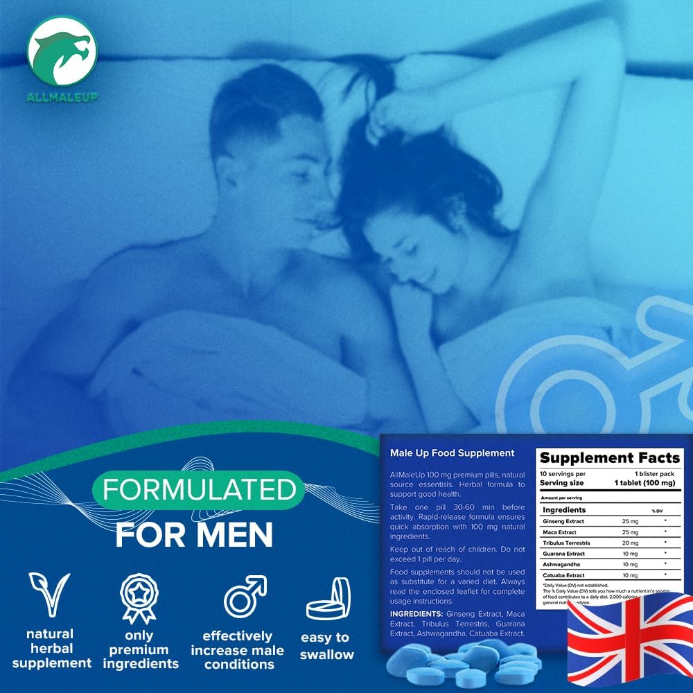 AllMaleUp Extra Strong Pills for Men - Natural Supplement for Enhanced Performance & Stamina - Fast-Acting Tablets - Food & Herbal Supplement - 10 Pills
